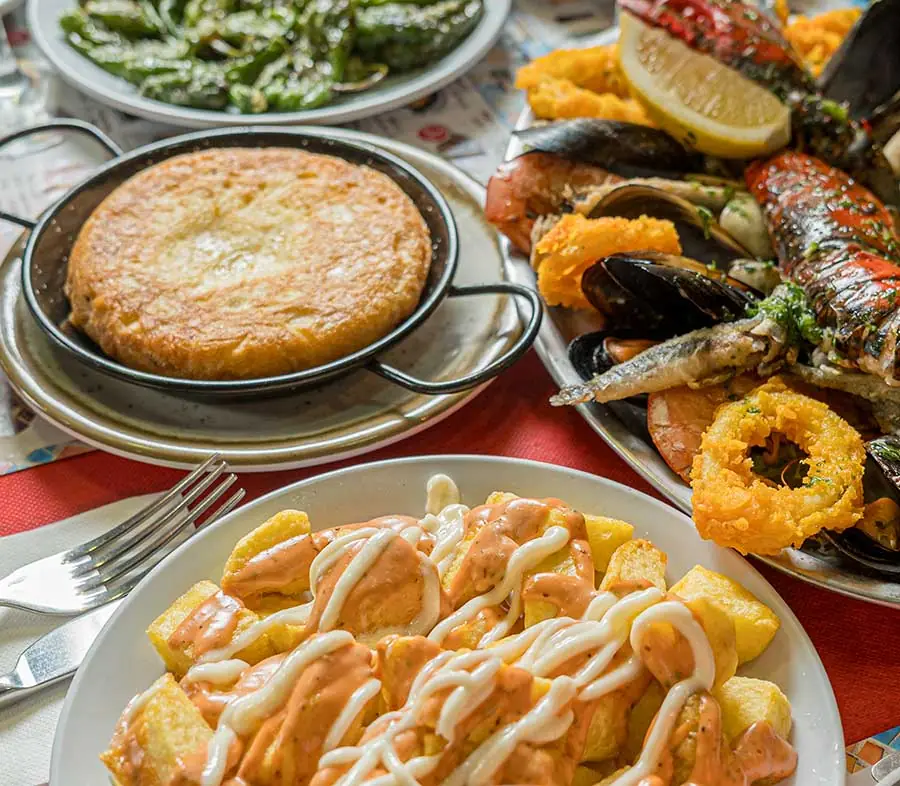 Tapas set menu for groups: patatas bravas, tortilla, calamari and Padron peppers — Restaurante Gaudeix, Barcelona